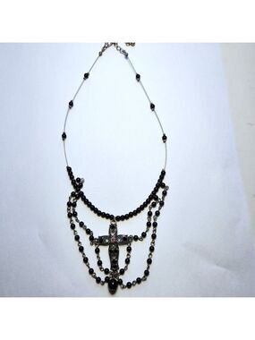 Gothic Victorian Cross Necklace Black Rhinestones Iridescent Center Stone